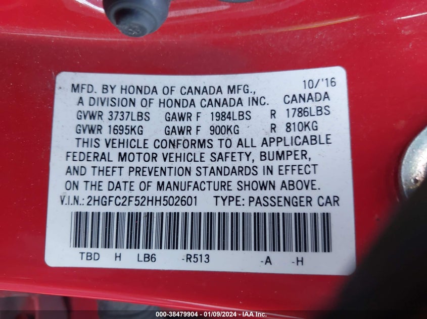 VIN 2HGFC2F52HH502601 2017 HONDA CIVIC LX