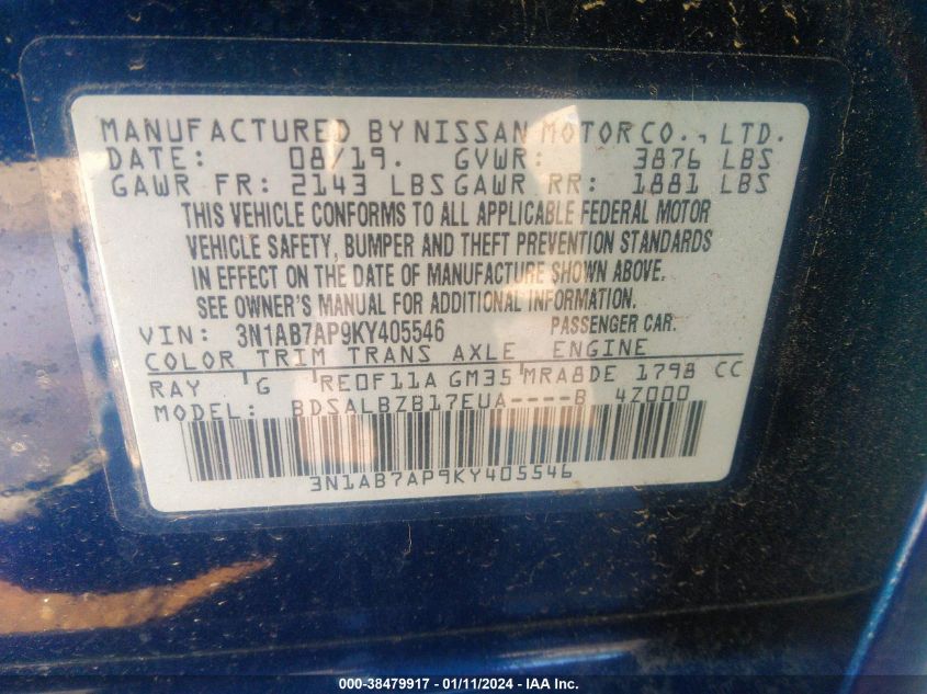 2019 NISSAN SENTRA S - 3N1AB7AP9KY405546