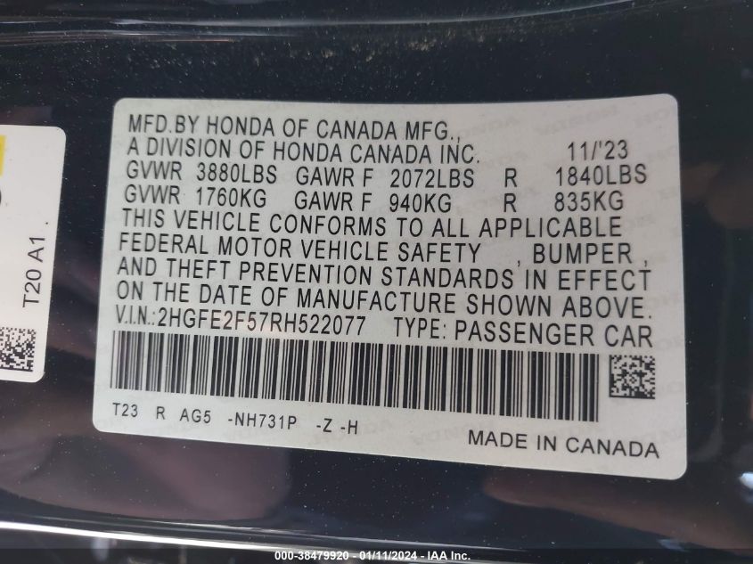 2024 HONDA CIVIC SPORT - 2HGFE2F57RH522077