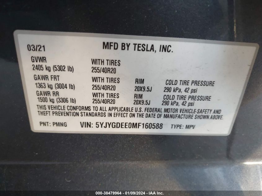 2021 TESLA MODEL Y - 5YJYGDEE0MF160588