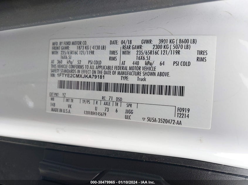 VIN 1FTYE2CMXJKA79181 2018 FORD TRANSIT-150 T-150