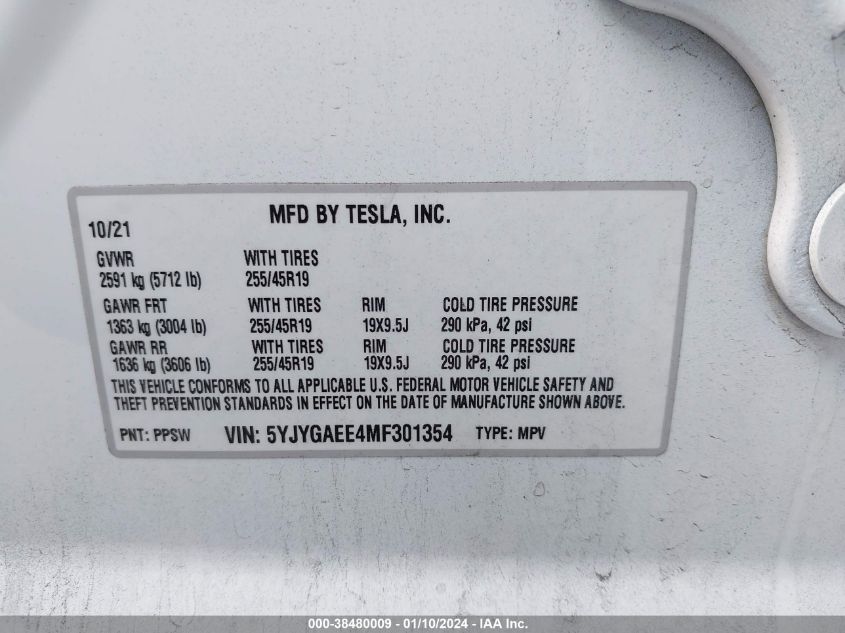 2021 TESLA MODEL Y - 5YJYGAEE4MF301354