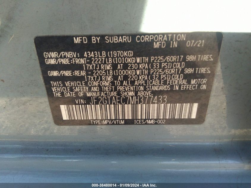 VIN JF2GTAEC7MH377433 2021 SUBARU CROSSTREK PREMIUM