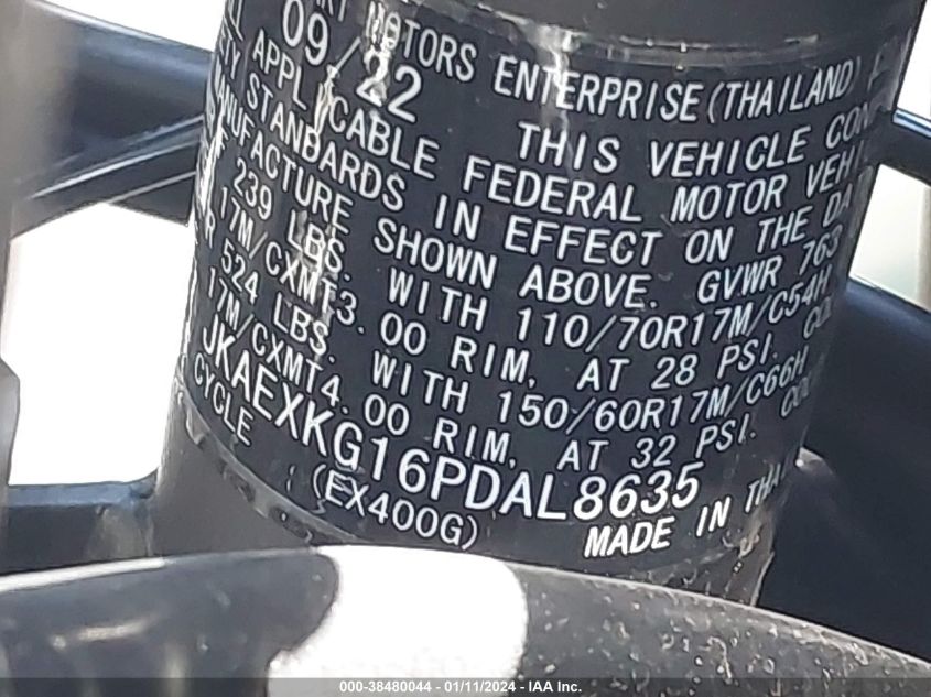 VIN JKAEXKG16PDAL8635 2023 KAWASAKI EX400