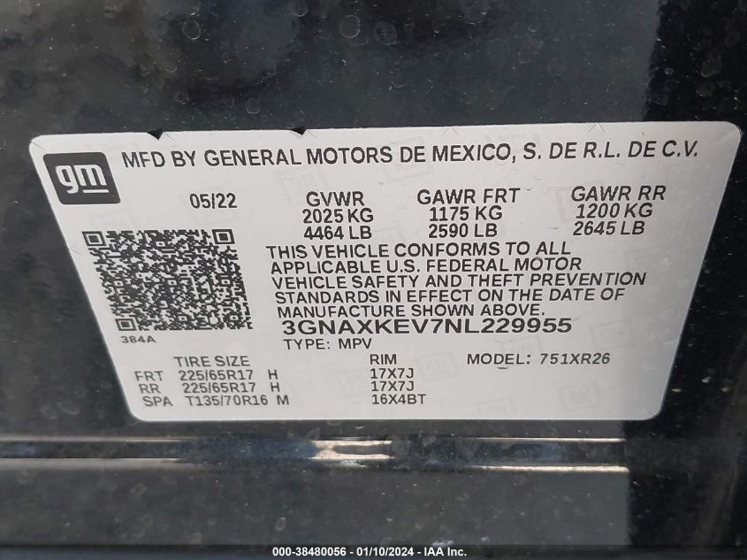 2022 CHEVROLET EQUINOX LT - 3GNAXKEV7NL229955