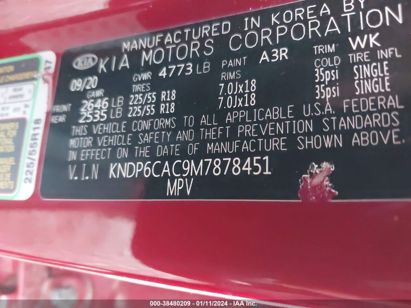 VIN KNDP6CAC9M7878451 2021 KIA SPORTAGE S