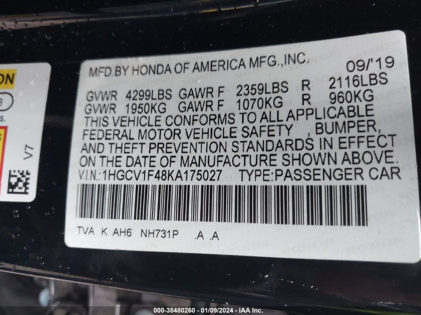 2019 HONDA ACCORD EX - 1HGCV1F48KA175027