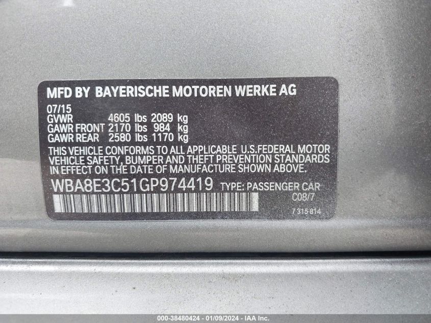 2016 BMW 328I XDRIVE - WBA8E3C51GP974419