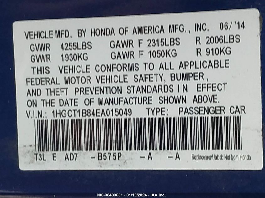 2014 HONDA ACCORD EX-L - 1HGCT1B84EA015049