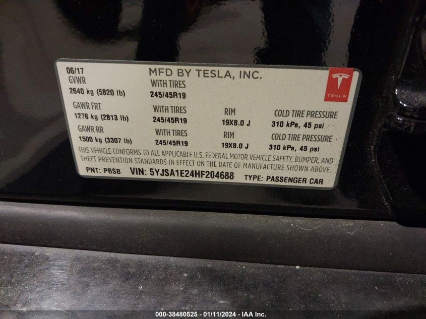 2017 TESLA MODEL S 100D/60D/75D/90D/P100D - 5YJSA1E24HF204688
