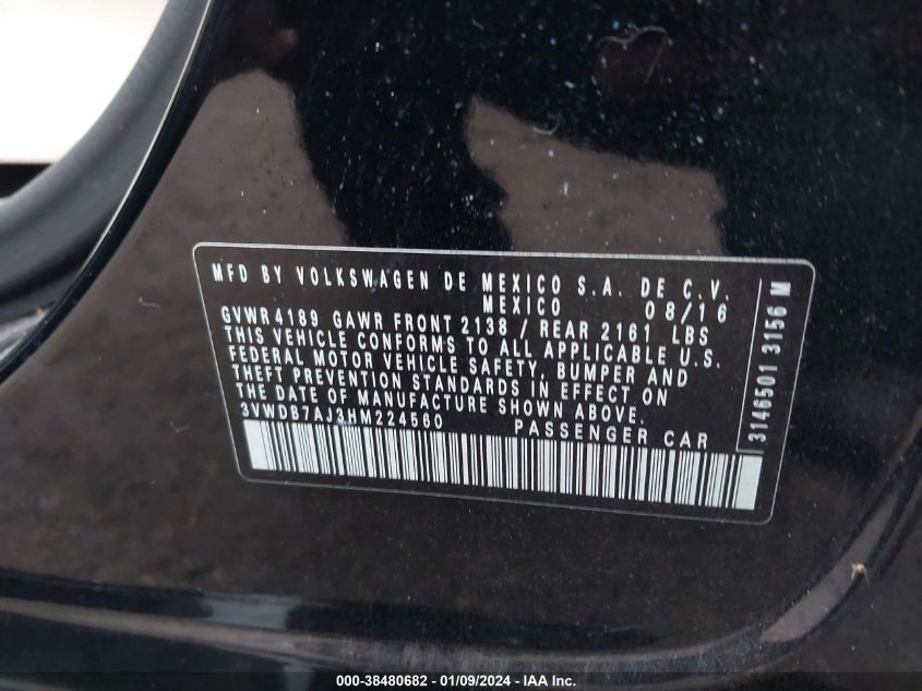 2017 VOLKSWAGEN JETTA 1.4T SE - 3VWDB7AJ3HM224560