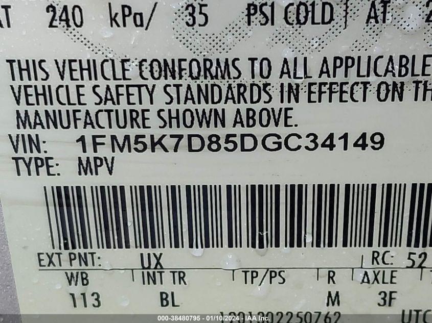 2013 FORD EXPLORER XLT - 1FM5K7D85DGC34149