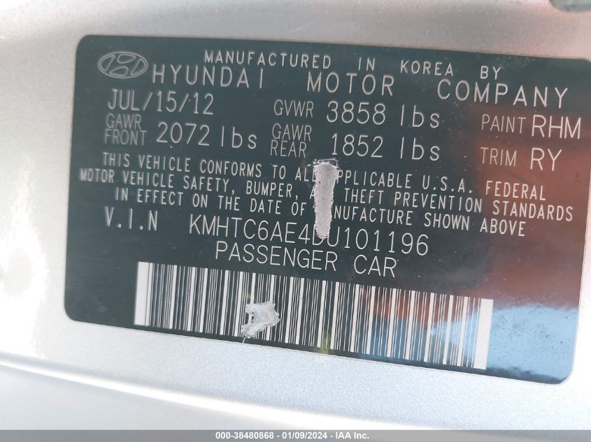 2013 HYUNDAI VELOSTER TURBO W/BLUE - KMHTC6AE4DU101196