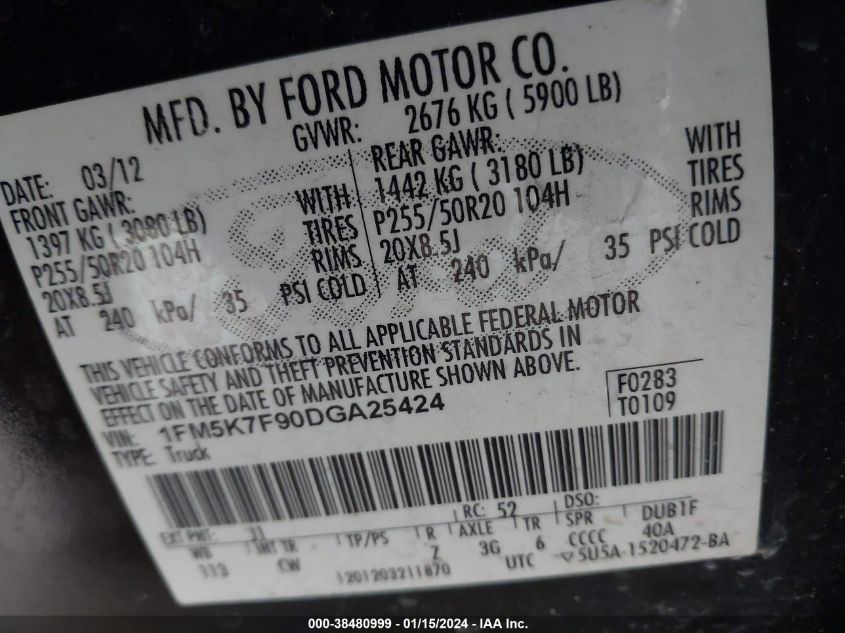 2013 FORD EXPLORER LIMITED - 1FM5K7F90DGA25424