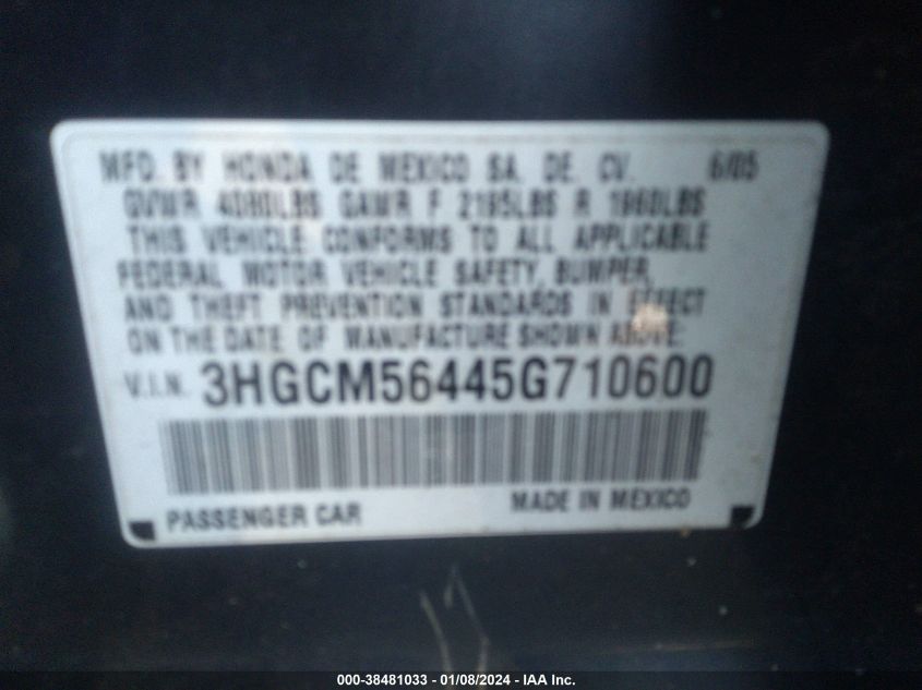 3HGCM56445G710600 | 2005 HONDA ACCORD