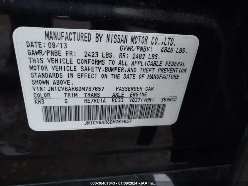 2013 INFINITI G37X JN1CV6AR6DM767657