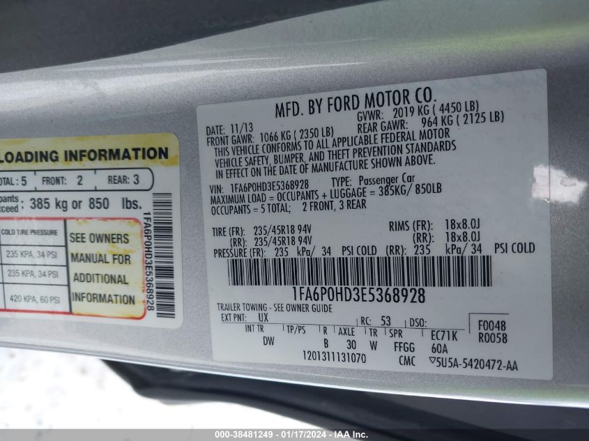 2014 FORD FUSION SE - 1FA6P0HD3E5368928