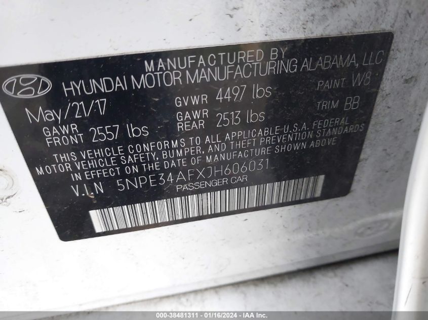 2018 HYUNDAI SONATA SEL - 5NPE34AFXJH606031
