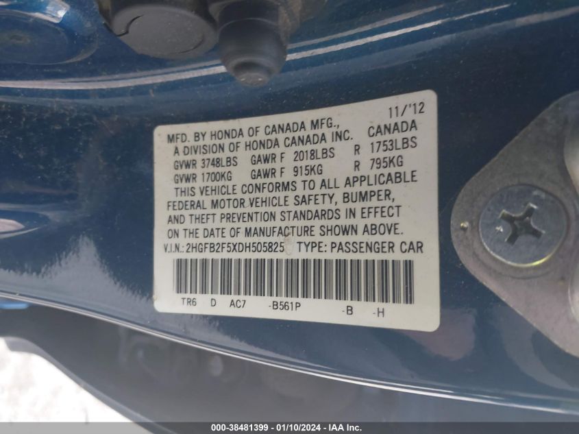 2013 HONDA CIVIC LX - 2HGFB2F5XD8505825