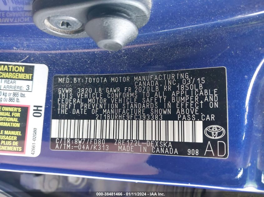 2015 TOYOTA COROLLA L/LE/LE PLS/PRM/S/S PLS - 2T1BURHE9FC393383