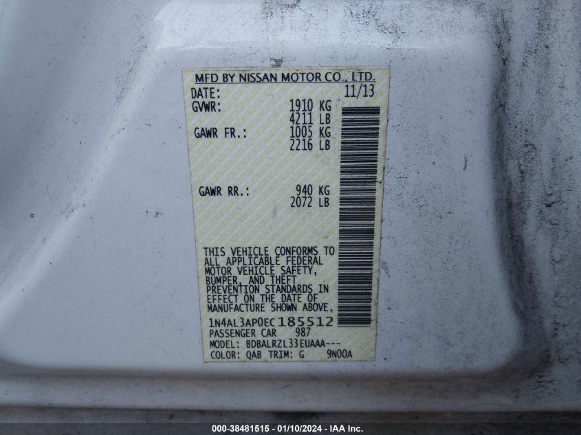 2014 NISSAN ALTIMA 2.5 S - 1N4AL3AP0EC185512