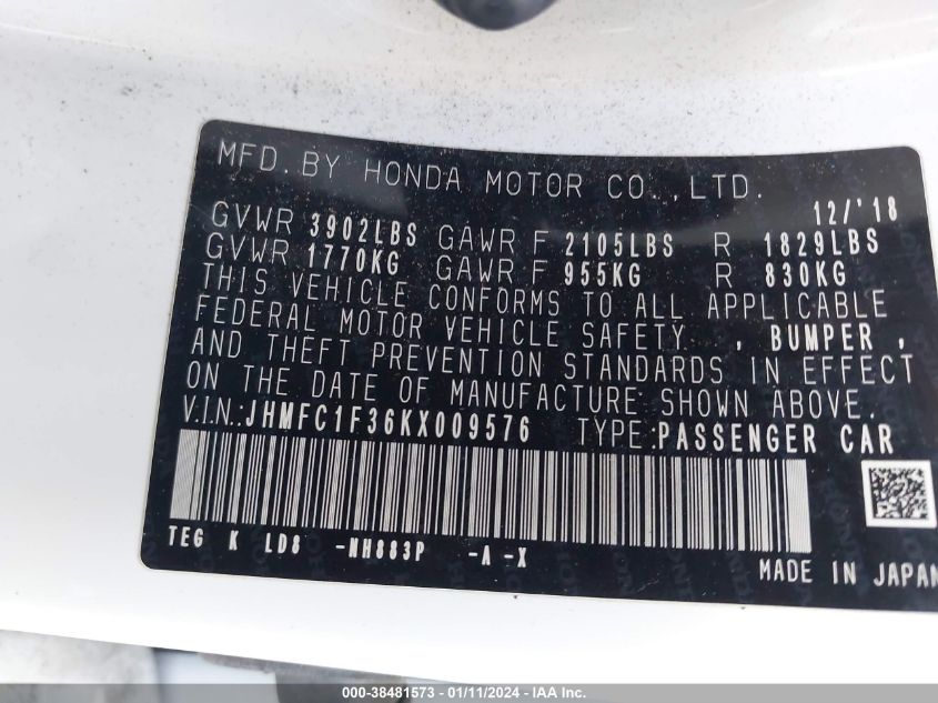 2019 HONDA CIVIC EX - JHMFC1F36KX009576