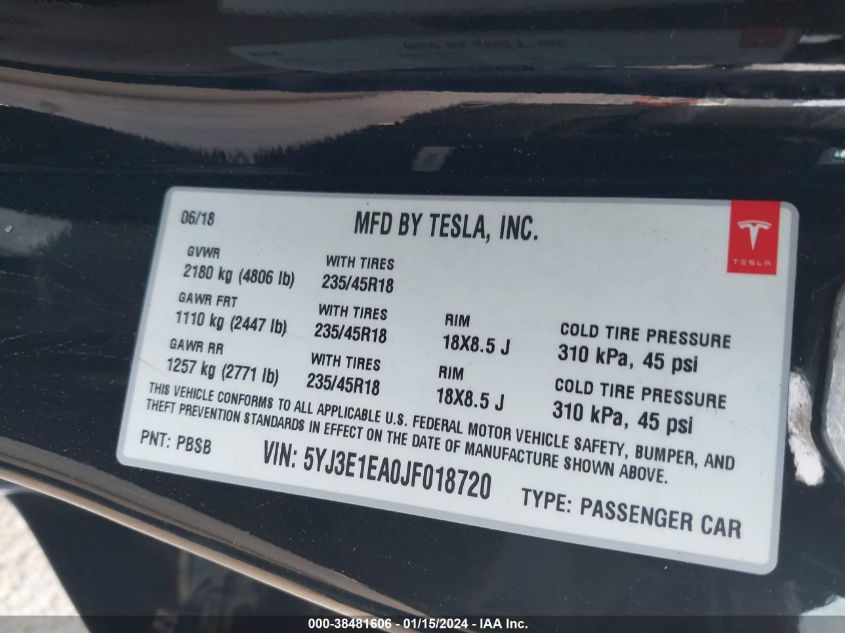 2018 TESLA MODEL 3 LONG RANGE/MID RANGE - 5YJ3E1EA0JF018720