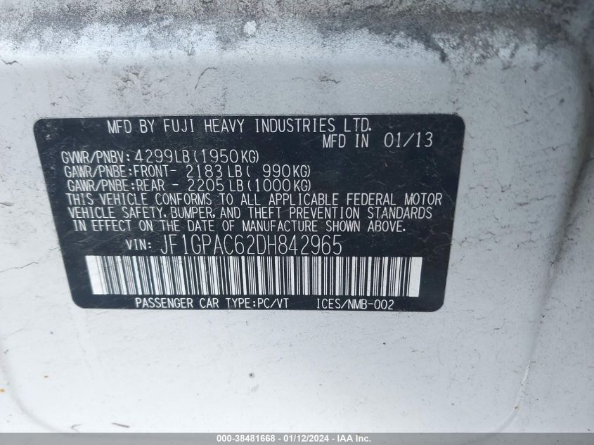 2013 SUBARU IMPREZA 2.0I PREMIUM - JF1GPAC62DH842965