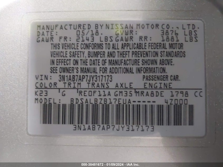 VIN 3N1AB7AP7JY317173 2018 NISSAN SENTRA S/SV/SR/SL
