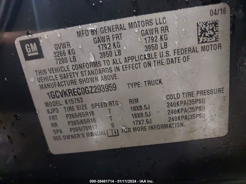 2016 CHEVROLET SILVERADO 1500 2LT - 1GCVKREC0GZ293959