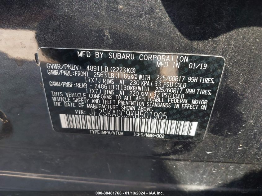 2019 SUBARU FORESTER PREMIUM - JF2SKAGC9KH501905