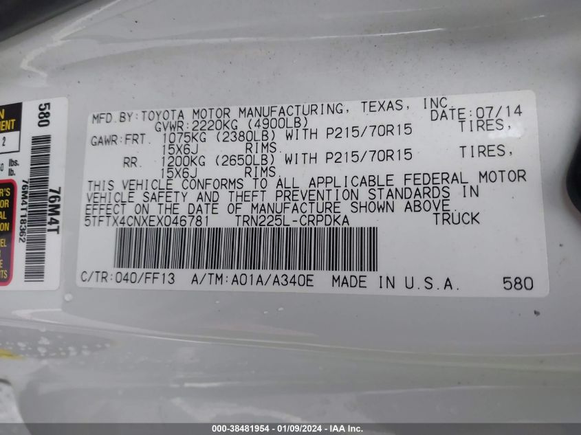 2014 TOYOTA TACOMA ACCESS CAB - 5TFTX4CNXEX046781