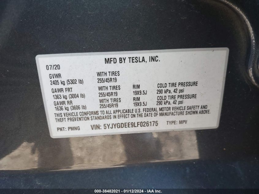 2020 TESLA MODEL Y LONG RANGE DUAL MOTOR ALL-WHEEL DRIVE - 5YJYGDEE9LF026175