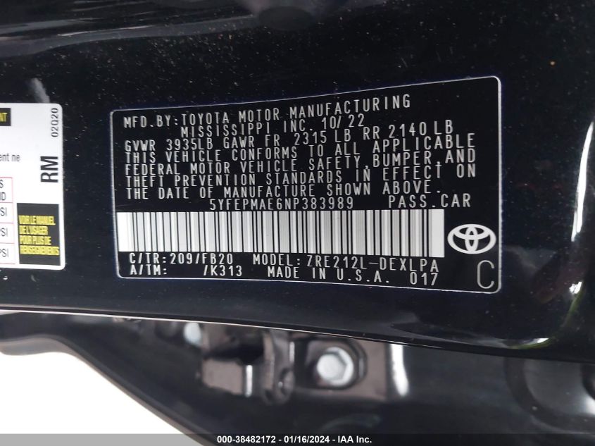 2022 TOYOTA COROLLA LE - 5YFEPMAE6NP383989