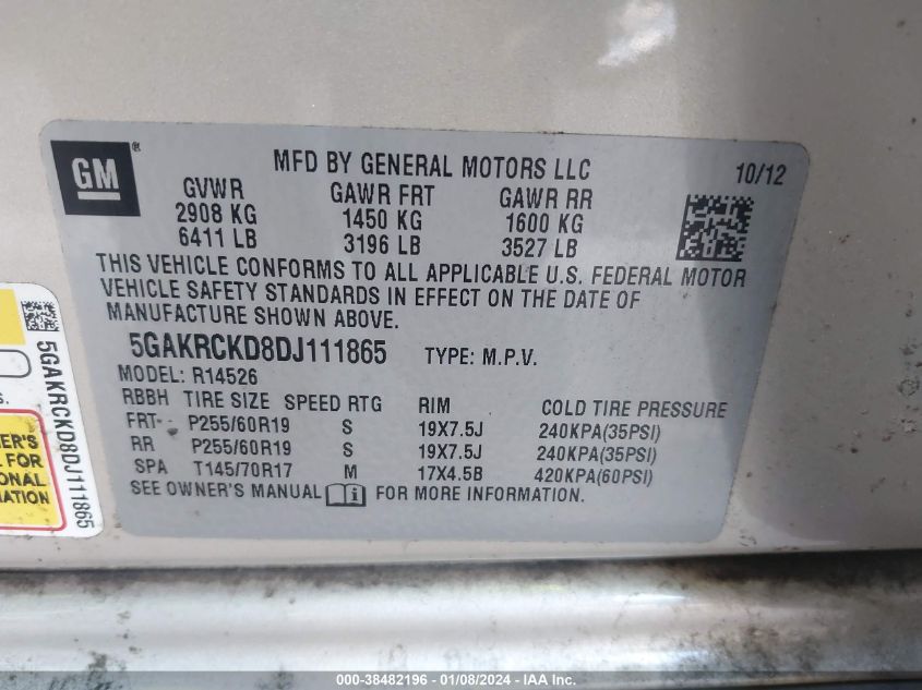 2013 BUICK ENCLAVE LEATHER - 5GAKRCKD8DJ111865