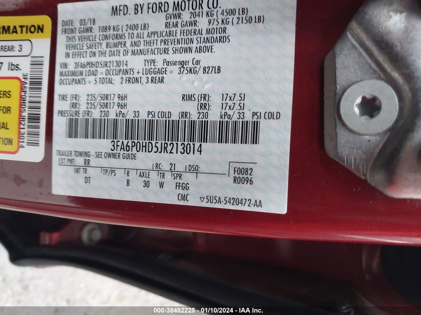 VIN 3FA6P0HD5JR213014 2018 FORD FUSION SE