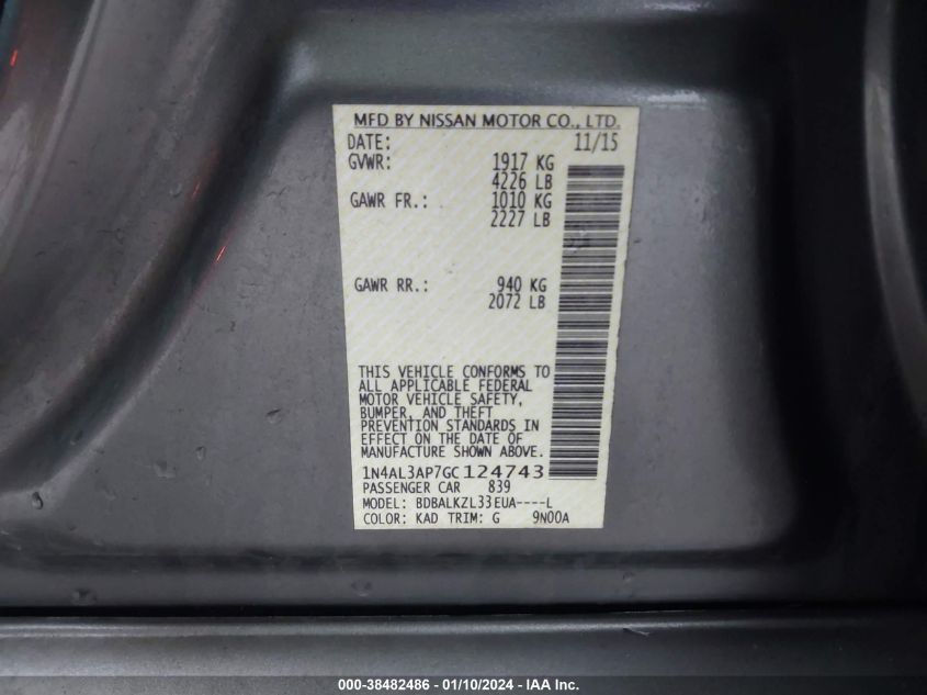 2016 NISSAN ALTIMA - 1N4AL3AP7GT124743