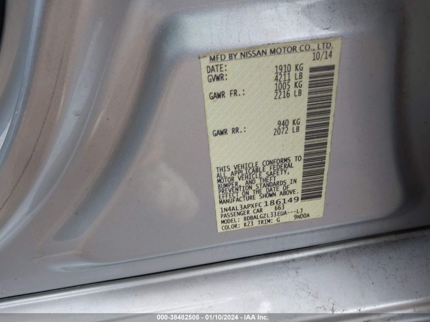 2015 NISSAN ALTIMA 2.5/S/SV/SL - 1N4AL3APXFC186149