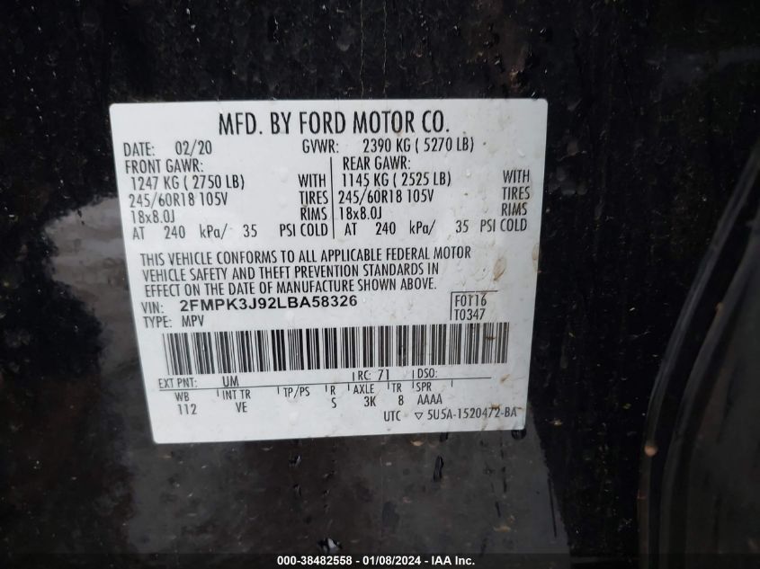 2FMPK3J92LBA58326 2020 FORD EDGE, photo no. 9