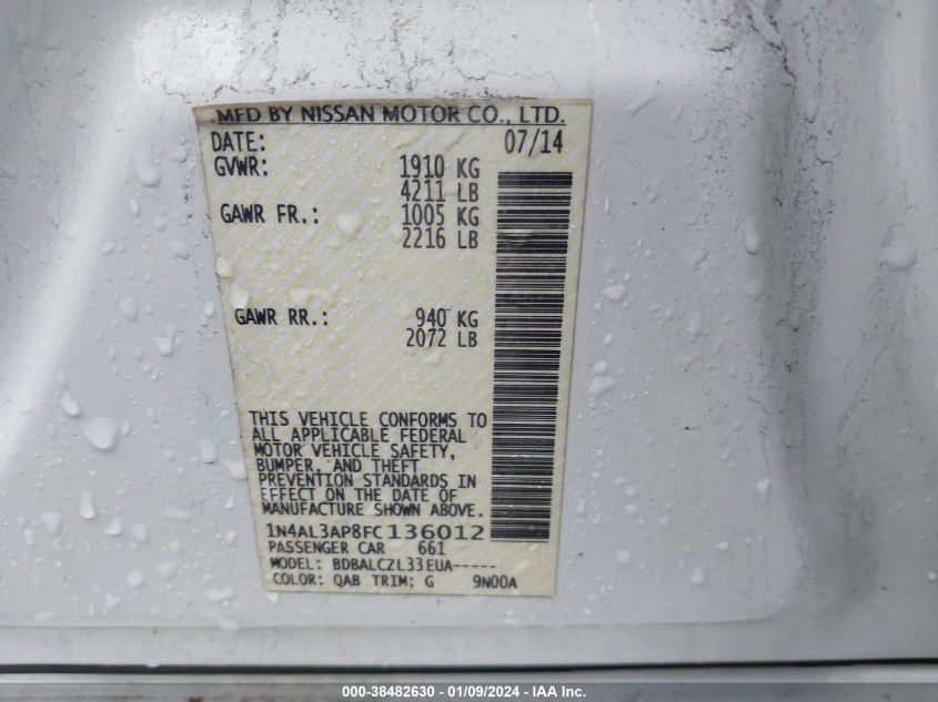 2015 NISSAN ALTIMA 2.5/S/SV/SL - 1N4AL3AP8FC136012