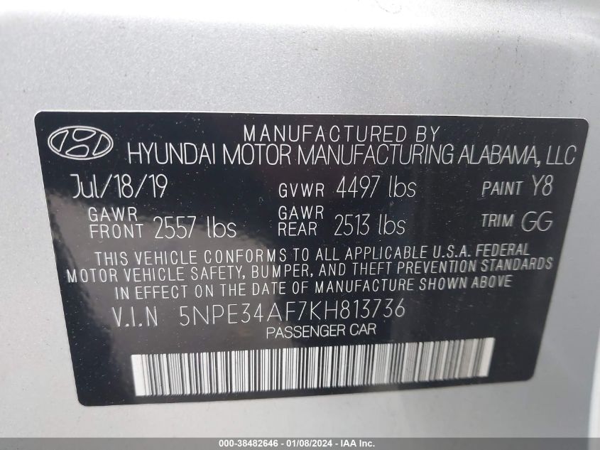 2019 HYUNDAI SONATA SEL - 5NPE34AF7KH813736