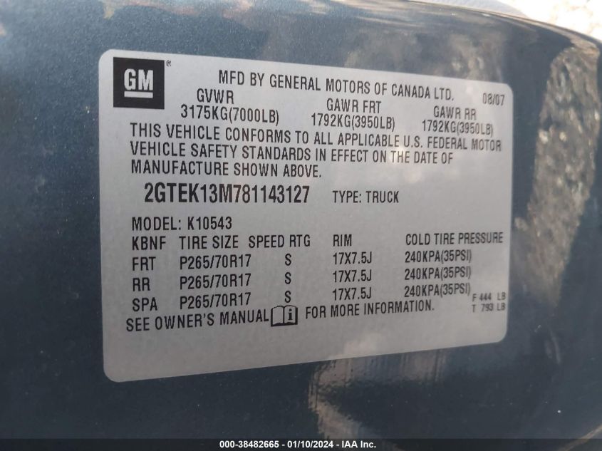 2GTEK13M781143127 | 2008 GMC SIERRA 1500