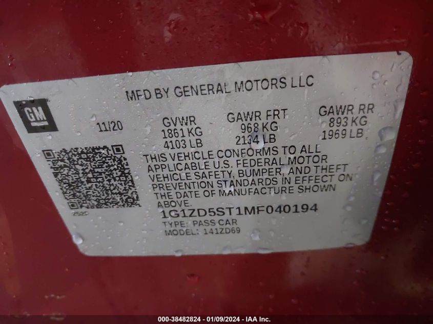 2021 CHEVROLET MALIBU FWD LT - 1G1ZD5ST1MF040194
