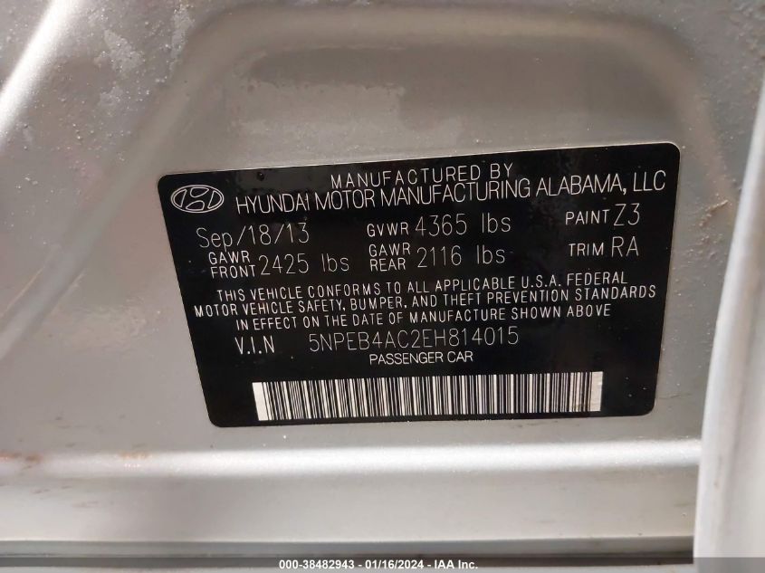 2014 HYUNDAI SONATA GLS - 5NPEB4AC2EH814015