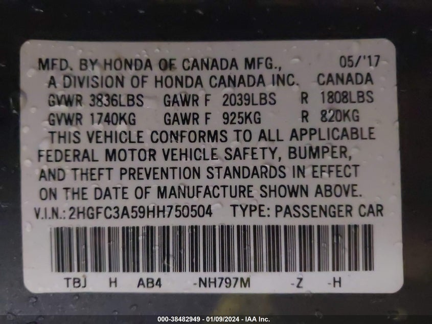 VIN 2HGFC3A59HH750504 2017 HONDA CIVIC SI