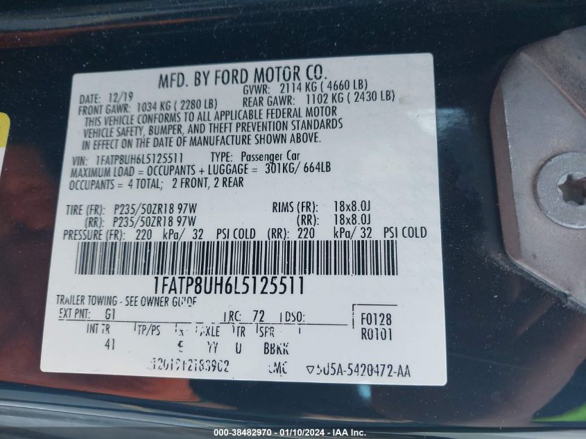 2020 FORD MUSTANG - 1FATP8UH6L5125511