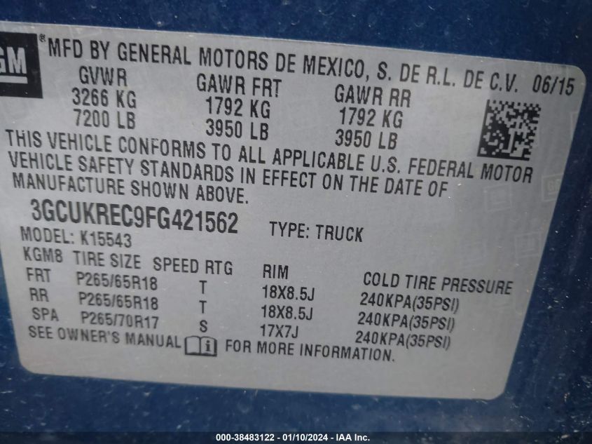 2015 CHEVROLET SILVERADO 1500 K1500 LT - 3GCUKREC9FG421562