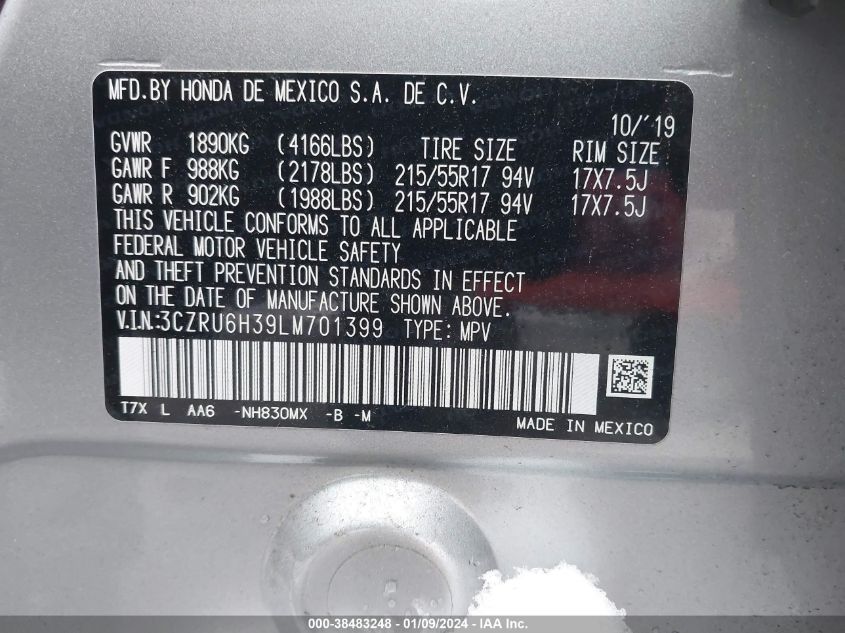2020 HONDA HR-V AWD LX - 3CZRU6H39LM701399