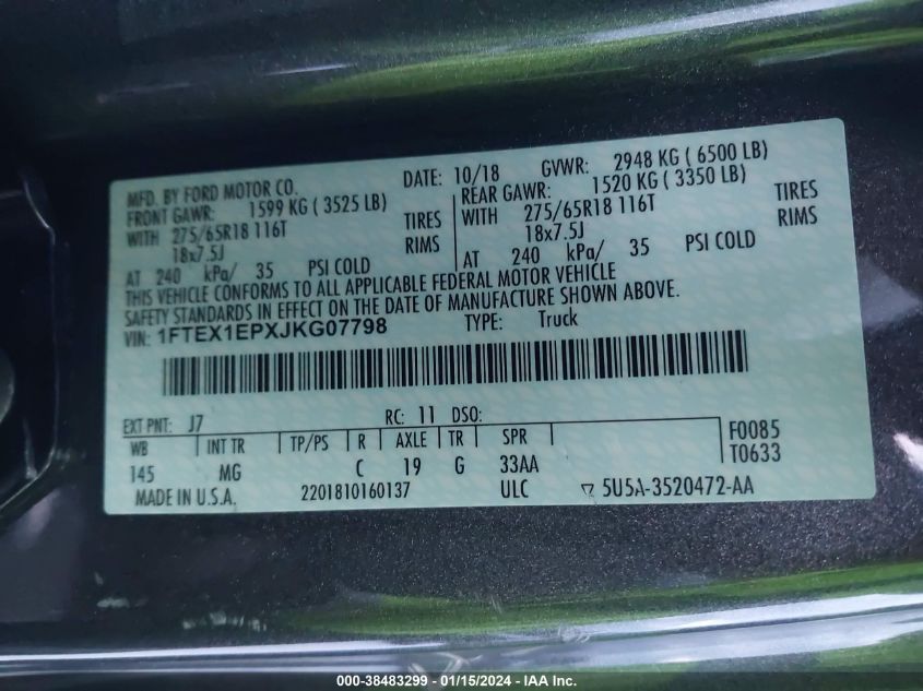 2018 FORD F-150 XLT - 1FTEX1EPXJKG07798
