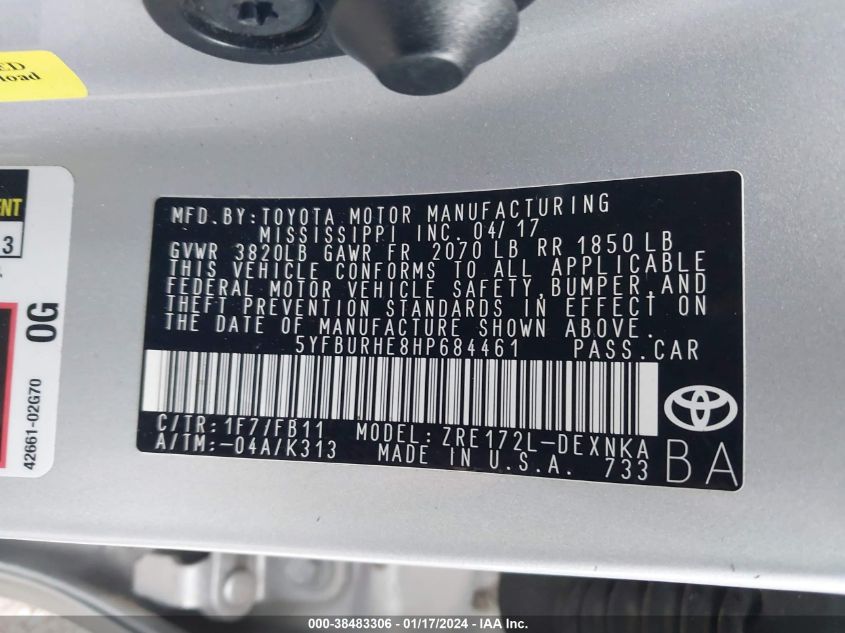 2017 TOYOTA COROLLA LE - 5YFBURHE8HP684461